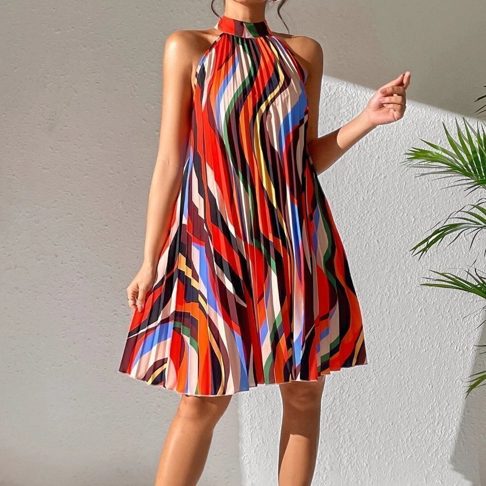 Multicolor Boho Womens Keyhole Back Halter Neck Pleated Detail Dress